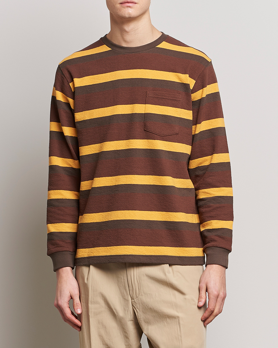 Herre | T-Shirts | BEAMS PLUS | Long Sleeve Striped Pocket Tee Brown