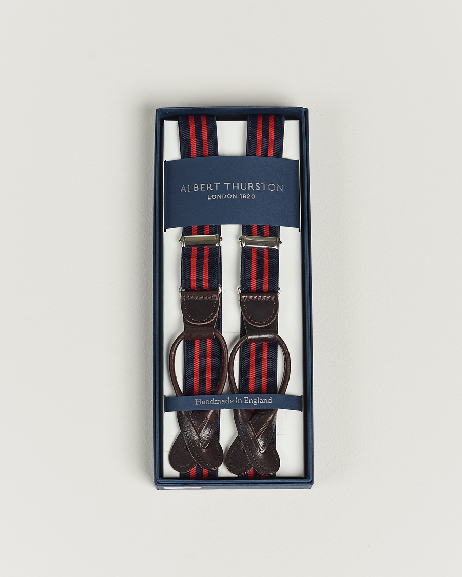 Herre | Albert Thurston Elastic Narrow Stripe Braces 25mm Navy/Red | Albert Thurston | Elastic Narrow Stripe Braces 25mm Navy/Red