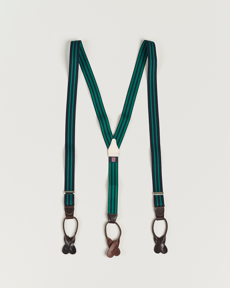 Herre | Albert Thurston Elastic Narrow Stripe Braces 25mm Navy/Green | Albert Thurston | Elastic Narrow Stripe Braces 25mm Navy/Green