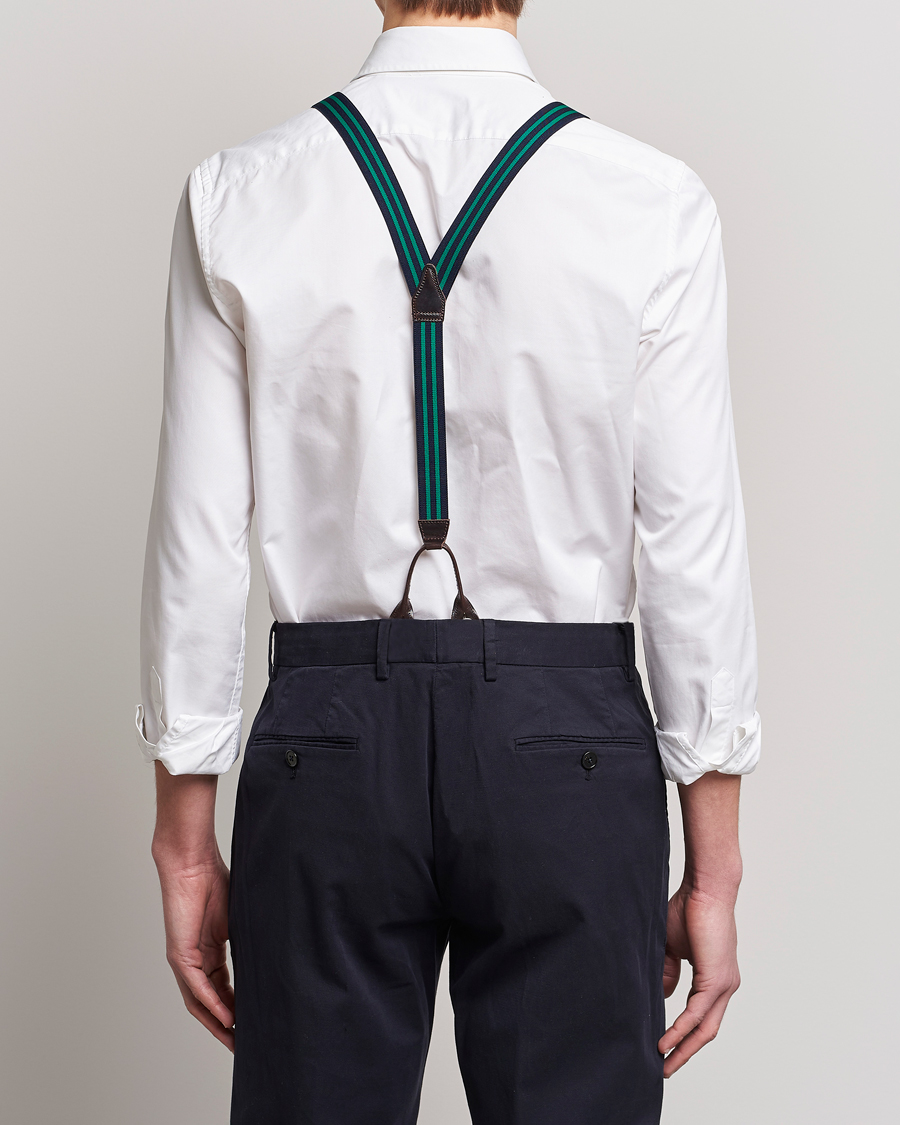 Herre | Albert Thurston Elastic Narrow Stripe Braces 25mm Navy/Green | Albert Thurston | Elastic Narrow Stripe Braces 25mm Navy/Green
