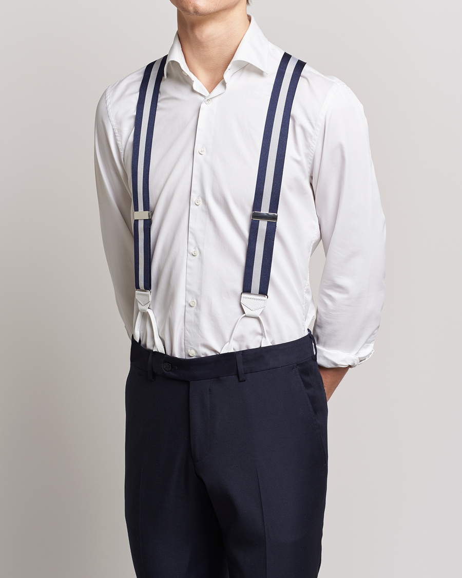 Herre | Albert Thurston Elastic Wide Stripe Braces 40mm Navy/White | Albert Thurston | Elastic Wide Stripe Braces 40mm Navy/White