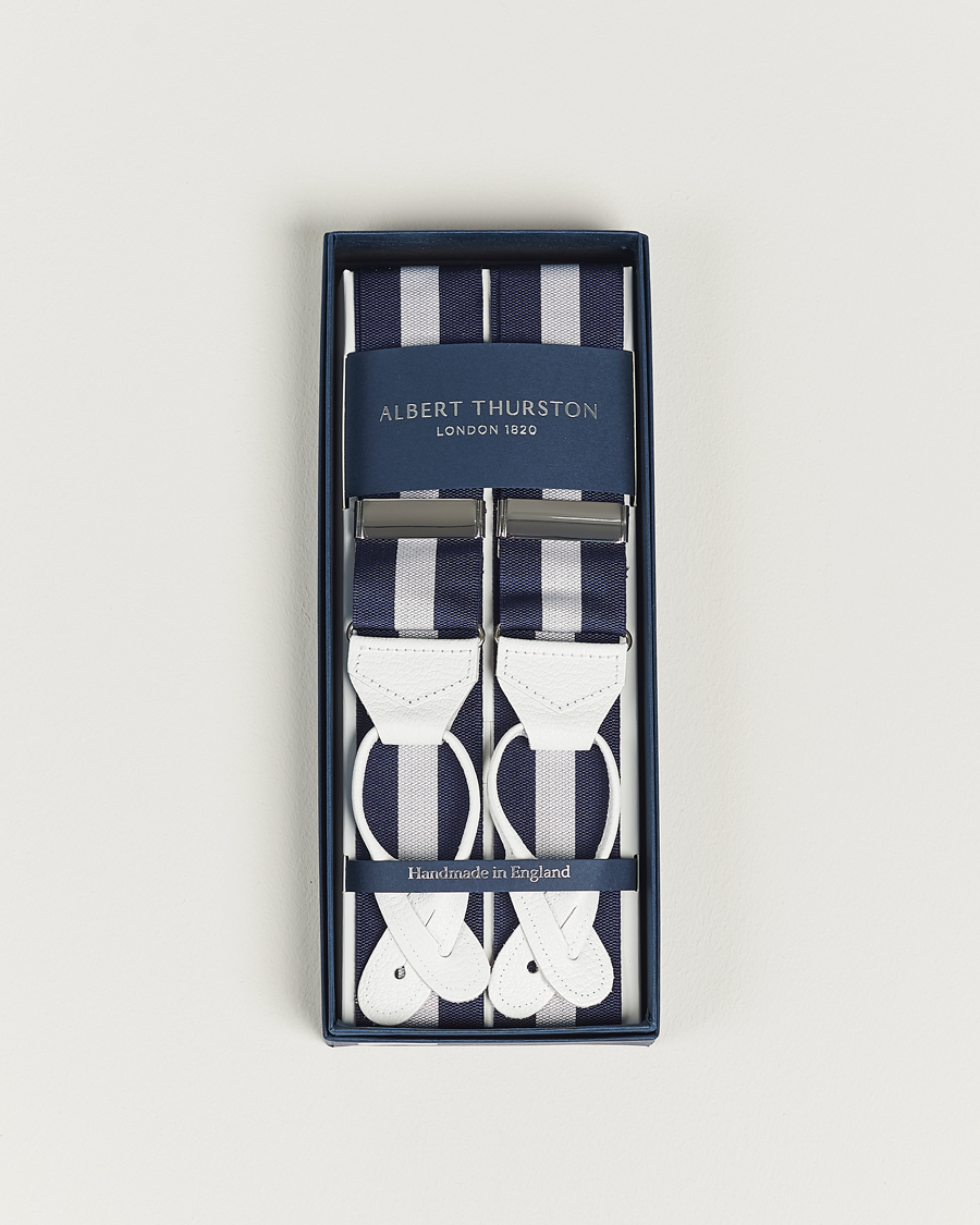 Herre | Albert Thurston Elastic Wide Stripe Braces 40mm Navy/White | Albert Thurston | Elastic Wide Stripe Braces 40mm Navy/White