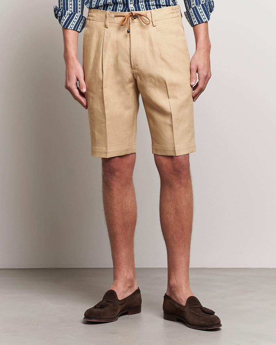 Herre | Linshorts | Beams F | Pleated Linen Shorts Khaki