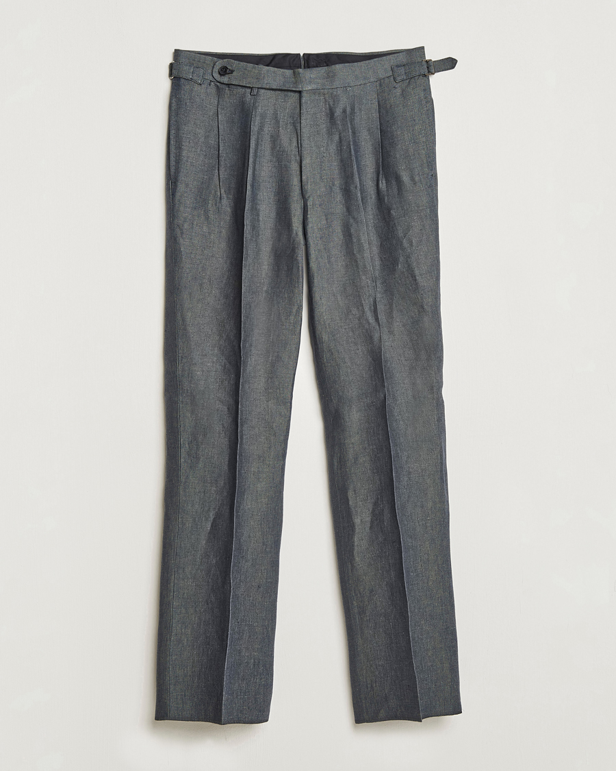 Herre | Bukser | Beams F | Pleated Linen Trousers Petroleum Blue