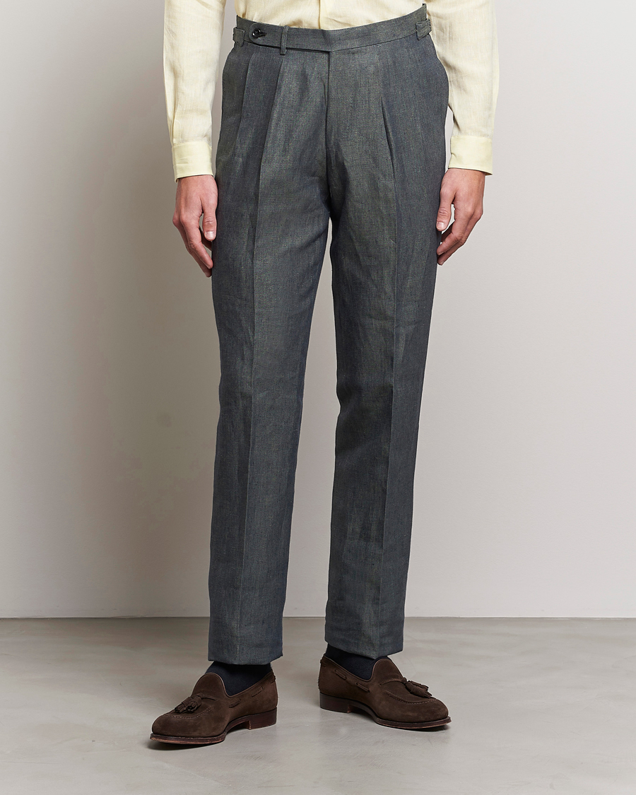 Herre | Linbukser | Beams F | Pleated Linen Trousers Petroleum Blue