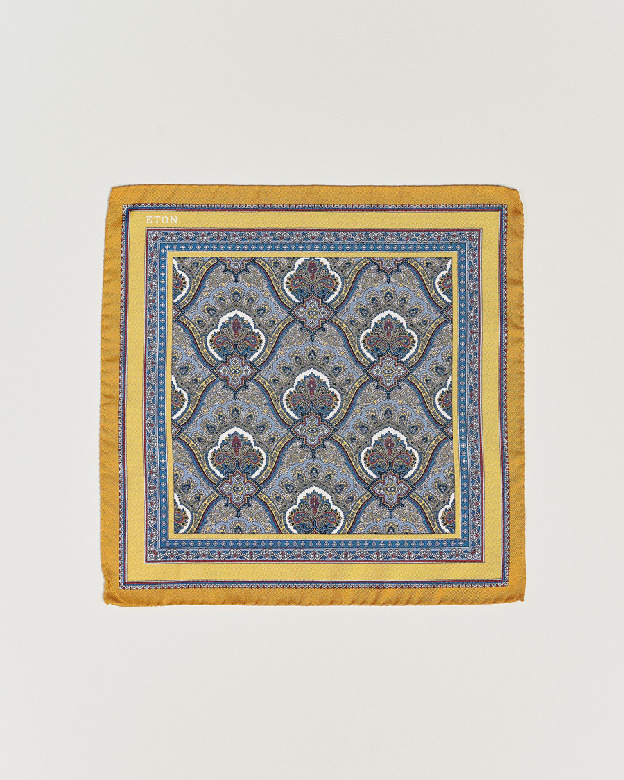 Herre | Eton Silk Paisley Print Pocket Square Yellow | Eton | Silk Paisley Print Pocket Square Yellow