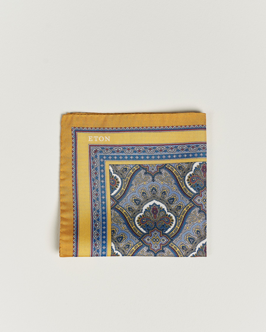 Herre | Eton Silk Paisley Print Pocket Square Yellow | Eton | Silk Paisley Print Pocket Square Yellow