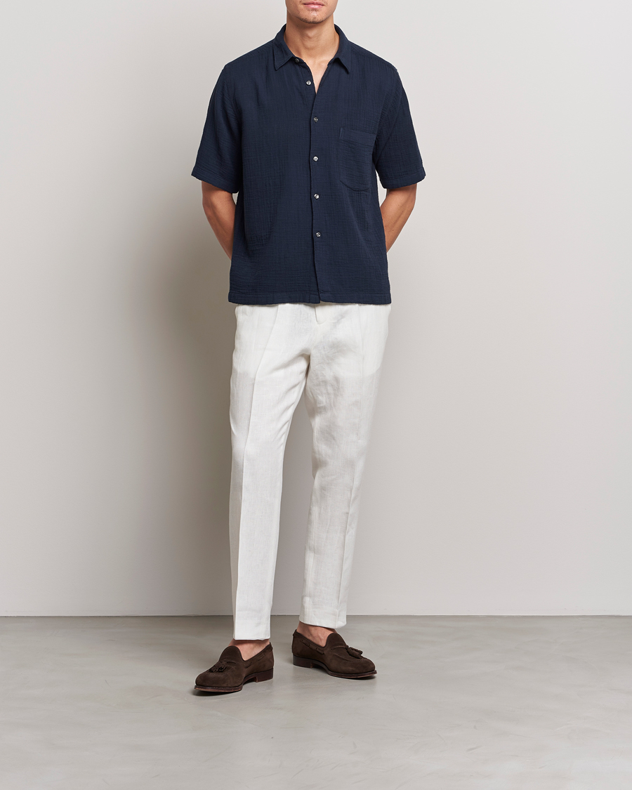 Herre | Skjorter | Oscar Jacobson | Short Sleeve City Crepe Cotton Shirt Navy