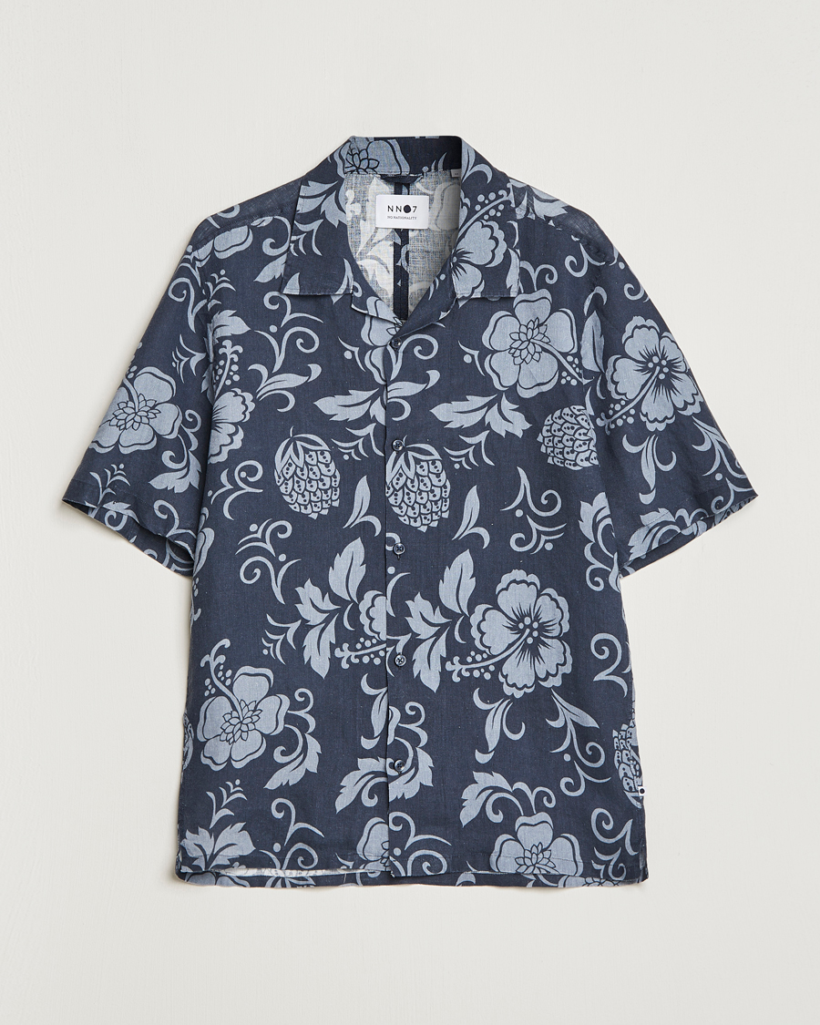 Herre | Skjorter | NN07 | Ole Short Sleeve Printed Linen Shirt Navy