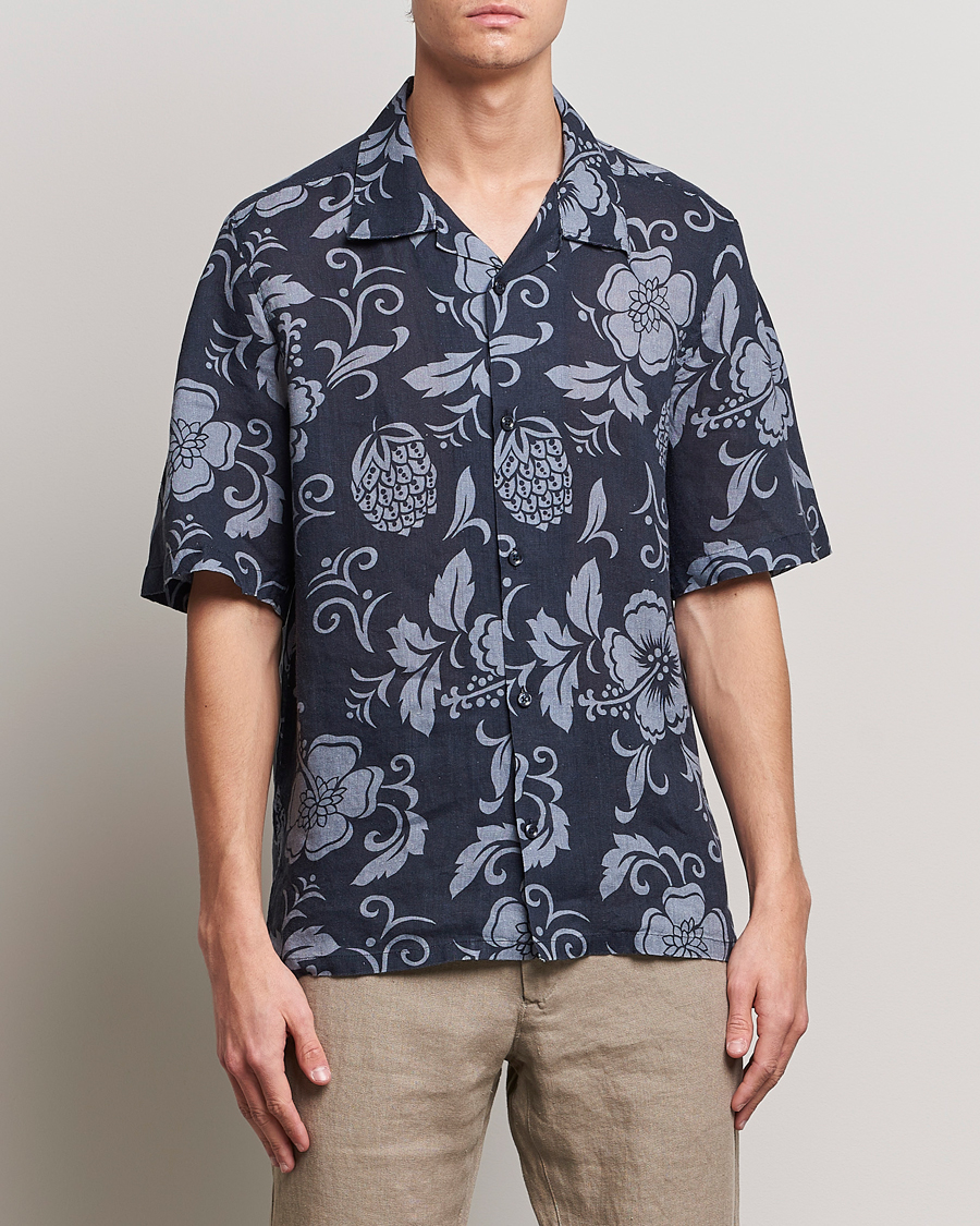 Herre | Skjorter | NN07 | Ole Short Sleeve Printed Linen Shirt Navy