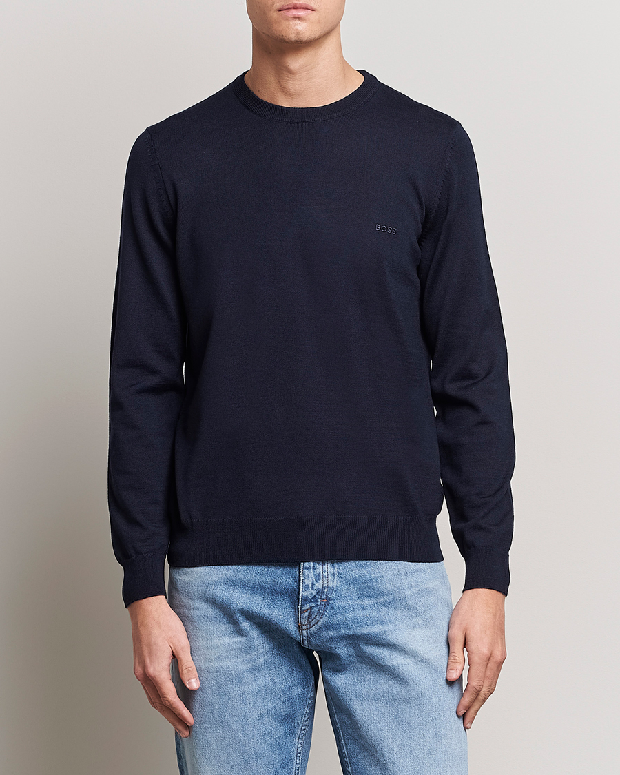 Herre |  | BOSS BLACK | Botto Wool Knitted Crew Neck Sweater Dark Blue