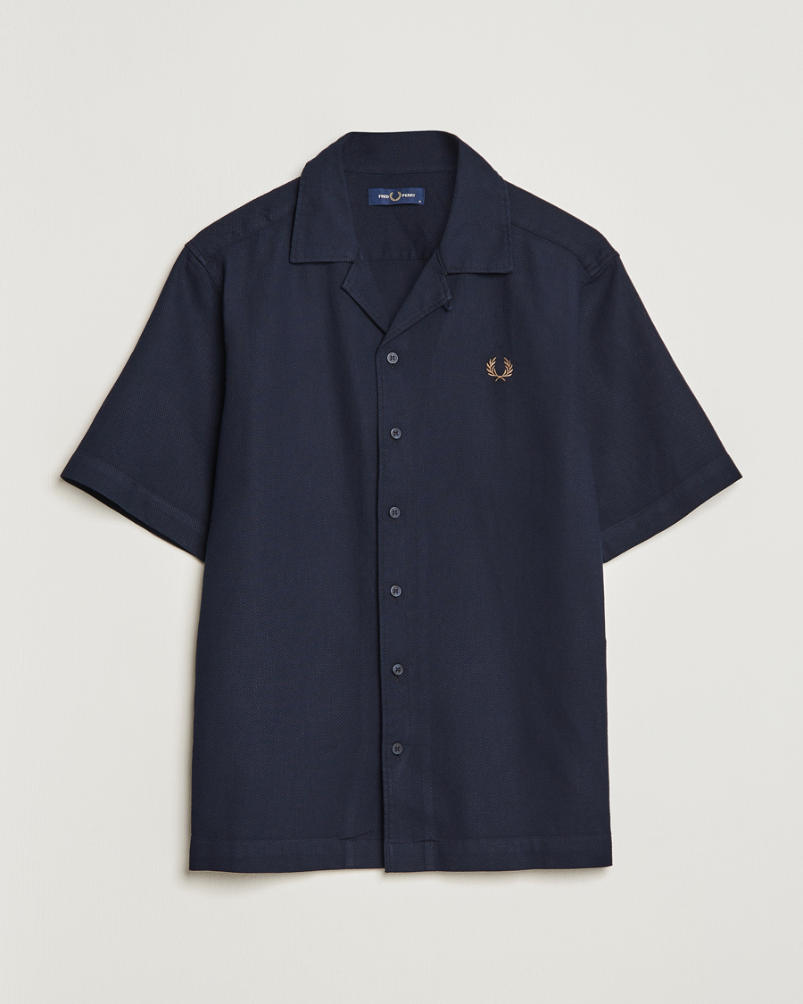 Herre | Skjorter | Fred Perry | Woven Pique Short Sleeve Linen Shirt Navy
