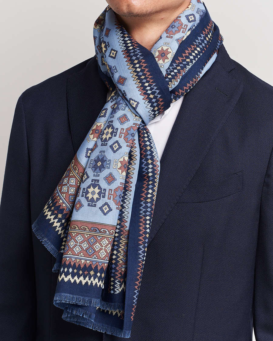 Herre |  | E. Marinella | Wool/Silk Printed Scarf Navy/Light Blue