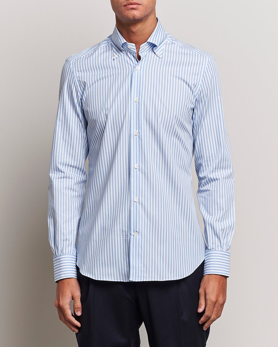 Herre |  | Mazzarelli | Soft Button Down Striped Shirt Light Blue