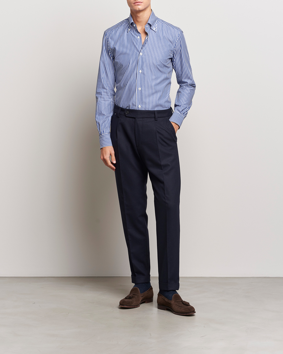 Herre | Skjorter | Mazzarelli | Soft Button Down Striped Shirt Dark Blue