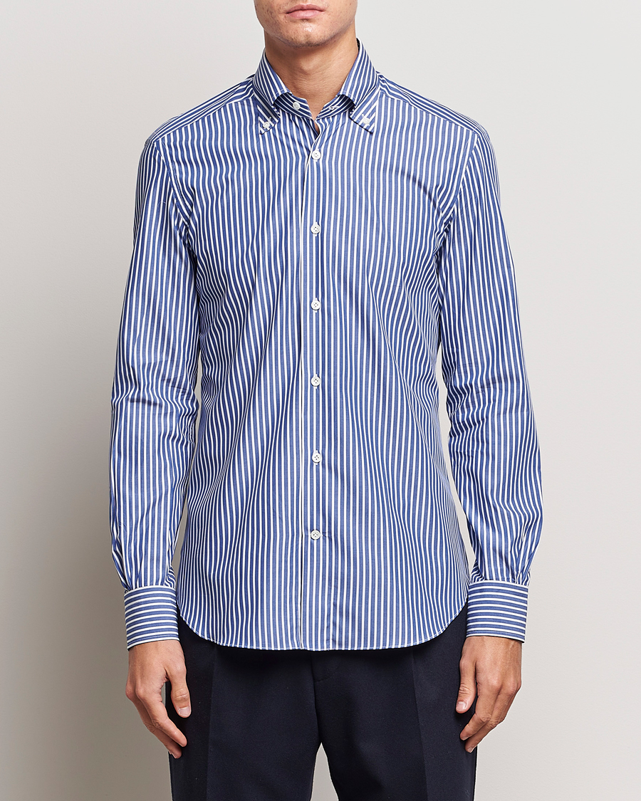 Herre | Skjorter | Mazzarelli | Soft Button Down Striped Shirt Dark Blue