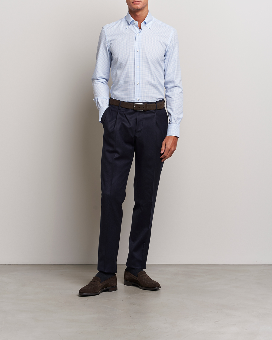 Herre | Skjorter | Mazzarelli | Soft Button Down Checked Shirt Light Blue