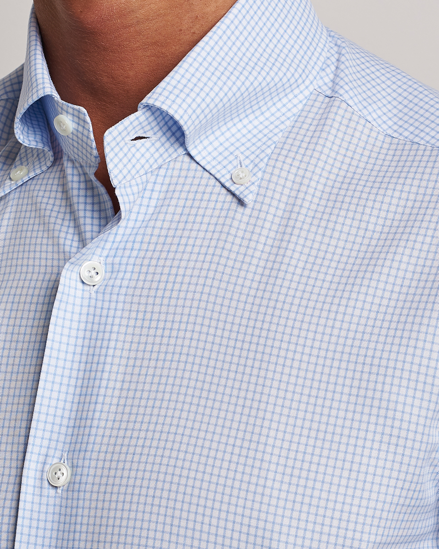 Herre | Skjorter | Mazzarelli | Soft Button Down Checked Shirt Light Blue