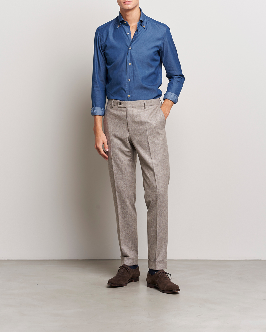 Herre | Skjorter | Mazzarelli | Soft Button Down Denim Shirt Blue Wash