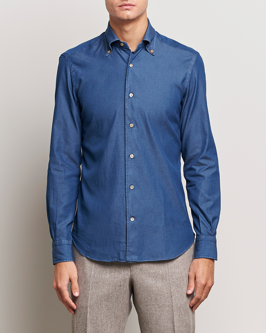 Herre | Skjorter | Mazzarelli | Soft Button Down Denim Shirt Blue Wash
