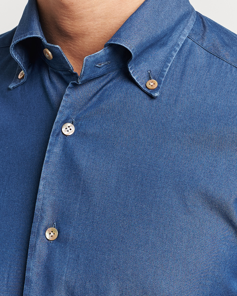 Herre | Skjorter | Mazzarelli | Soft Button Down Denim Shirt Blue Wash