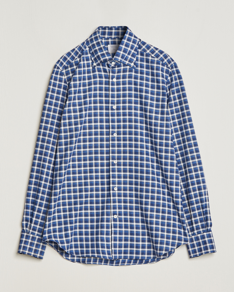 Herre | Skjorter | Mazzarelli | Soft Button Down Flannel Shirt Dark Blue