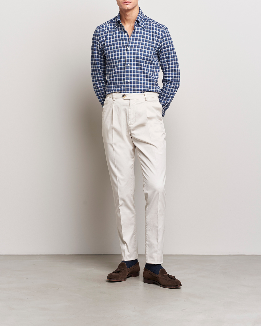 Herre | Skjorter | Mazzarelli | Soft Button Down Flannel Shirt Dark Blue