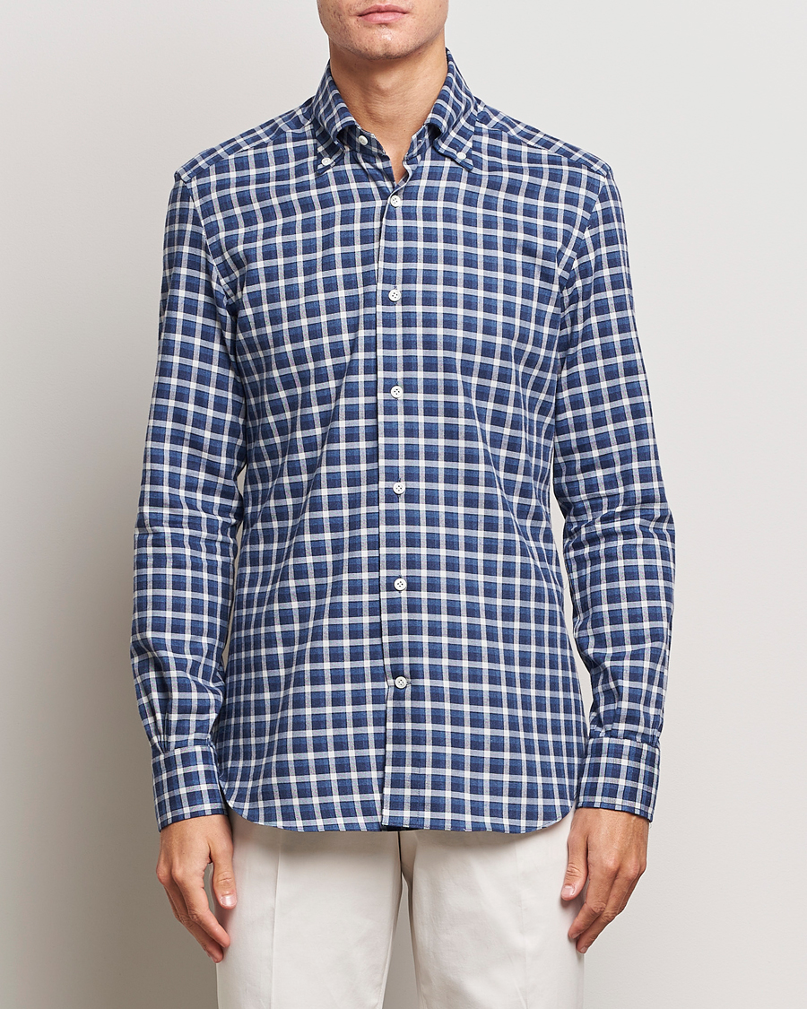 Herre | Skjorter | Mazzarelli | Soft Button Down Flannel Shirt Dark Blue