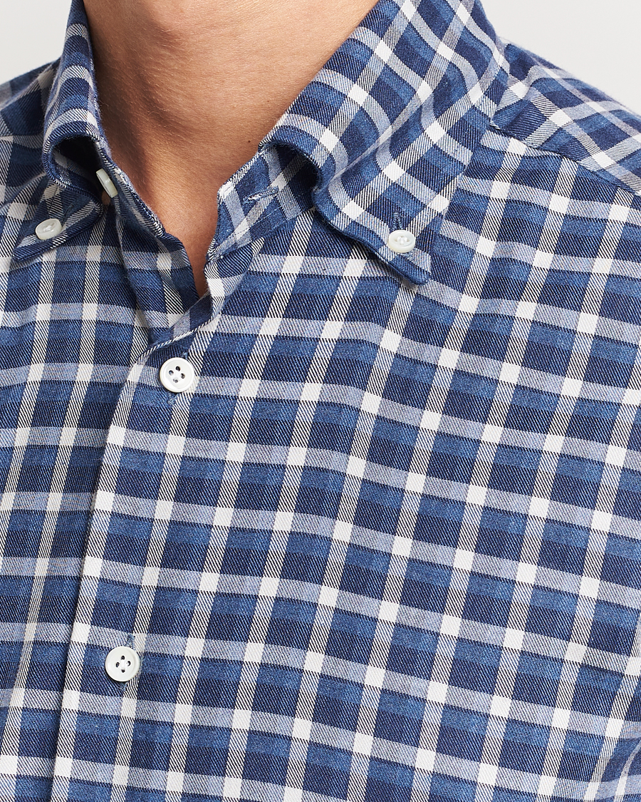 Herre | Skjorter | Mazzarelli | Soft Button Down Flannel Shirt Dark Blue