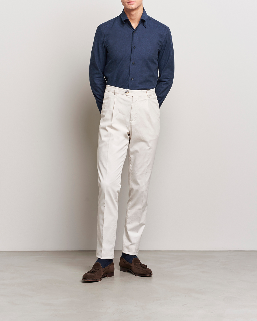 Herre | Skjorter | Mazzarelli | Soft Button Down Flannel Shirt Navy
