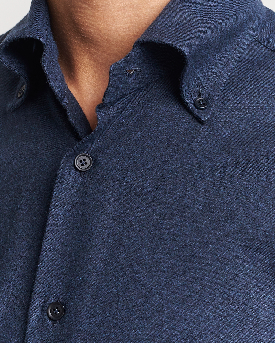 Herre | Skjorter | Mazzarelli | Soft Button Down Flannel Shirt Navy