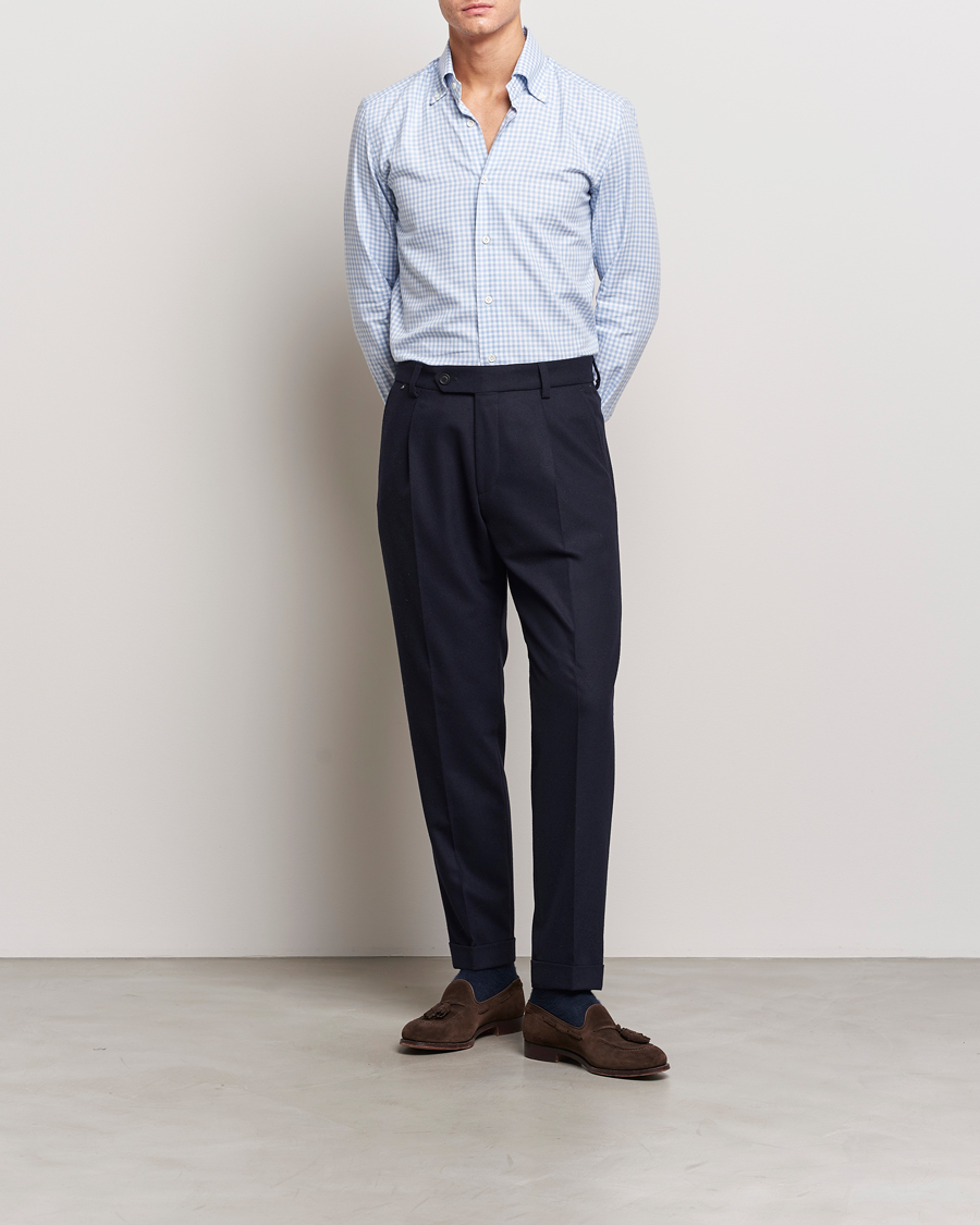 Herre | Skjorter | Mazzarelli | Soft Button Down Flannel Shirt Light Blue