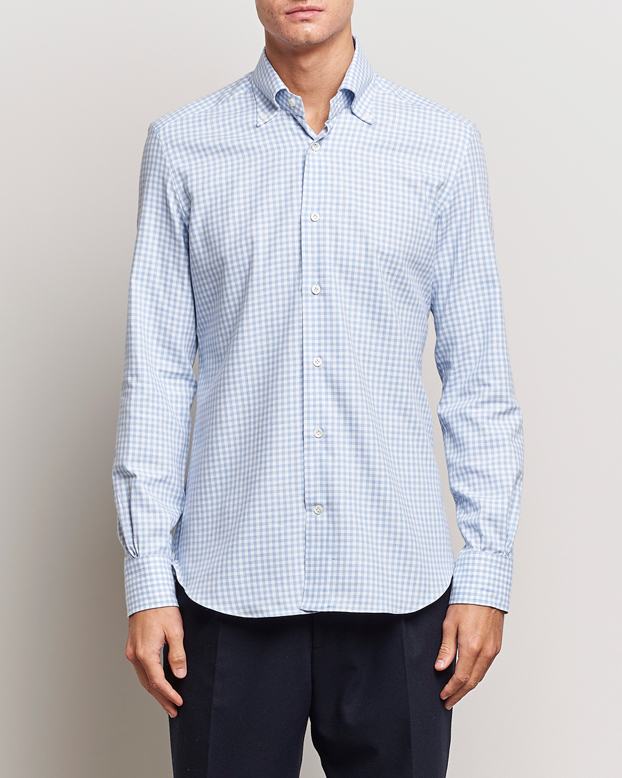 Herre | Skjorter | Mazzarelli | Soft Button Down Flannel Shirt Light Blue
