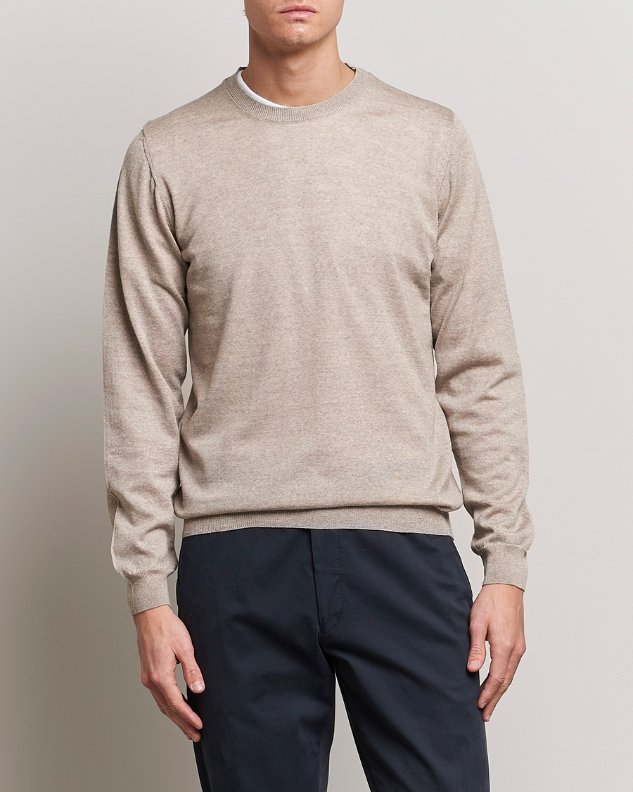 Herre | Pullovers rund hals | Oscar Jacobson | Custer Merino Wool Roundneck Beige