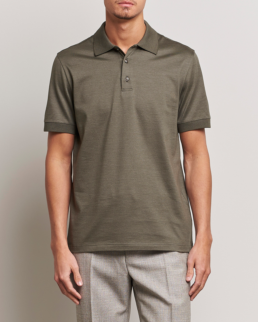 Herre |  | Brioni | Cotton/Silk Short Sleeve Polo Olive Green