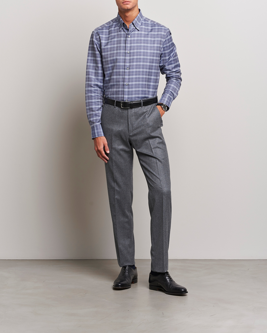 Herre | Skjorter | Brioni | Slim Fit Check Flannel Shirt Dark Blue