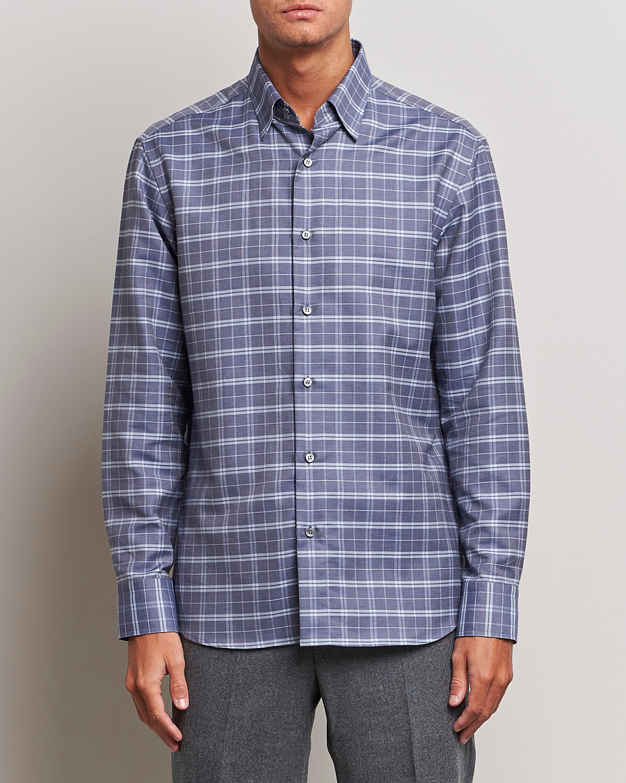 Herre | Skjorter | Brioni | Slim Fit Check Flannel Shirt Dark Blue