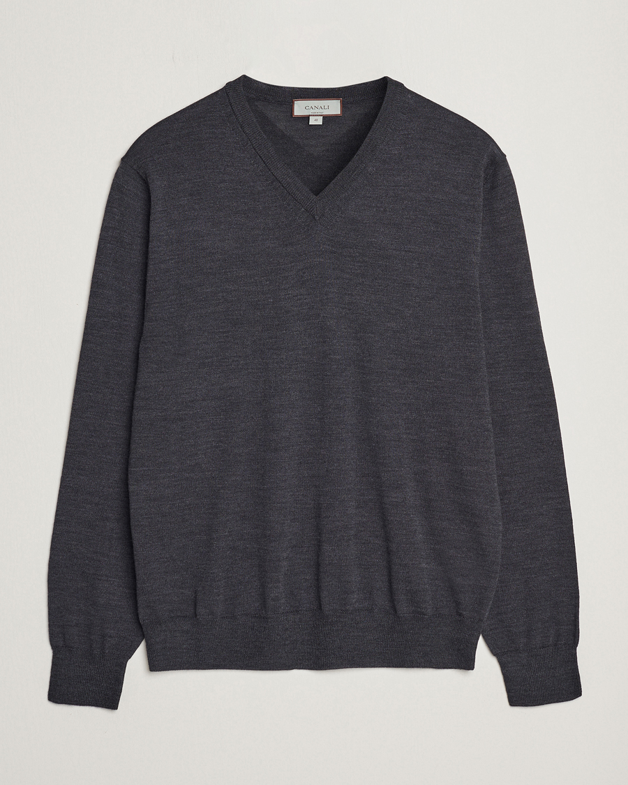 Herre | Pullovers v-hals | Canali | Merino Wool V-Neck Charcoal