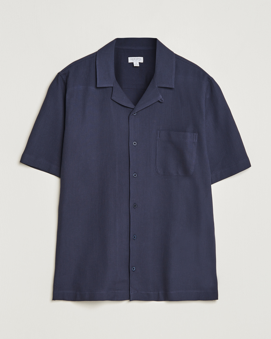 Herre | Skjorter | Sunspel | Waffle Camp Collar Shirt Navy