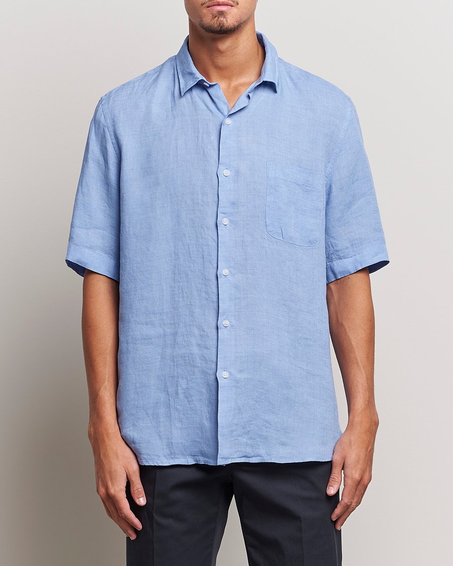 Herre | Skjorter | Sunspel | Short Sleeve Linen Shirt Cool Blue