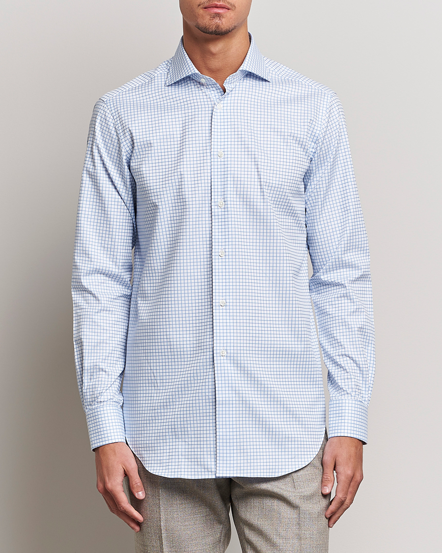 Herre | Skjorter | Kamakura Shirts | Slim Fit Twill Spread Shirt Sky Blue Check