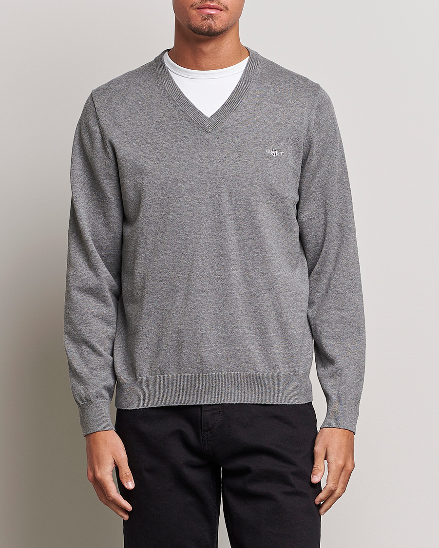 Men | GANT | GANT | Classic Cotton V-Neck Dark Grey Melange