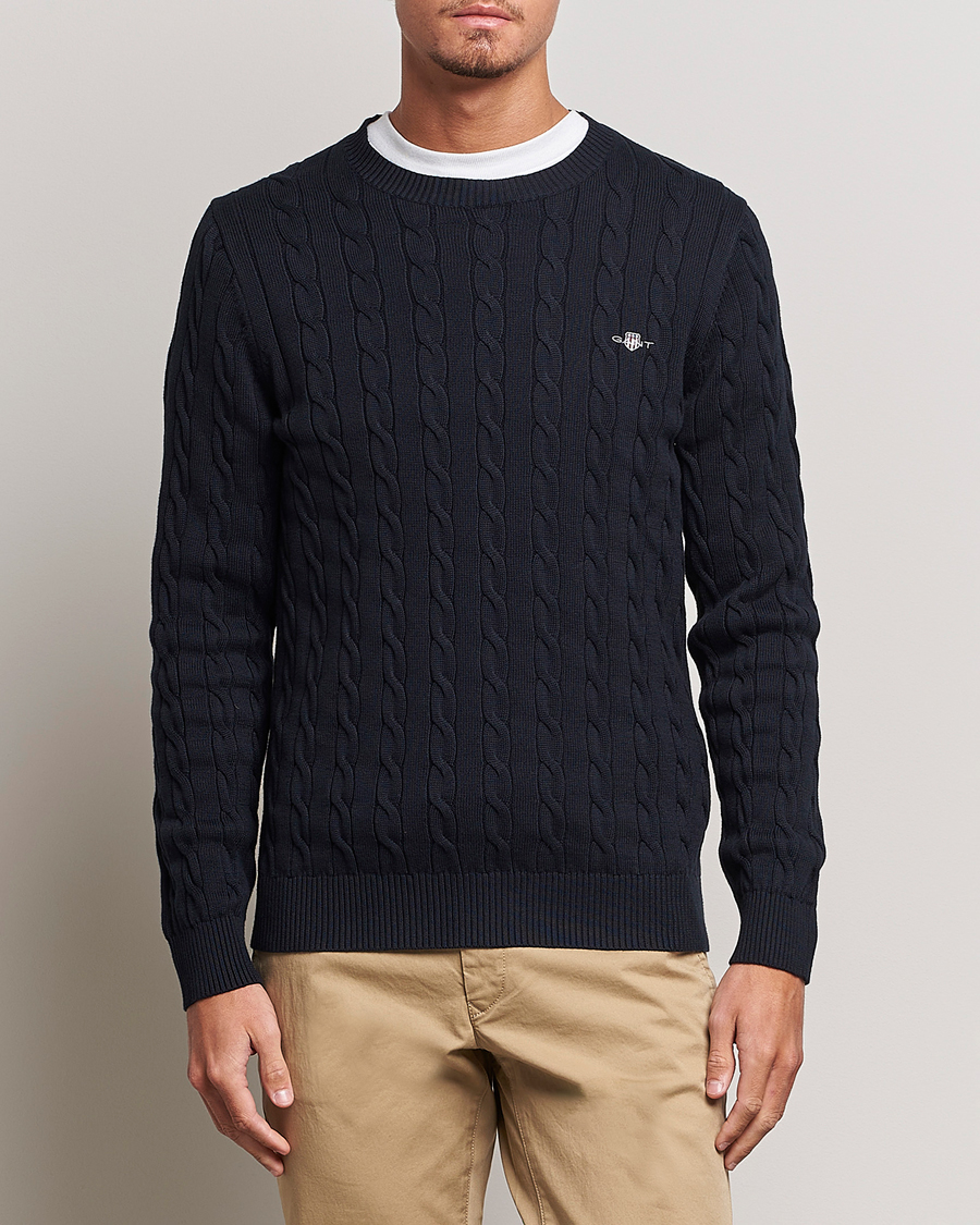 Herre | Klær | GANT | Cotton Cable Crew Neck Pullover Evening Blue