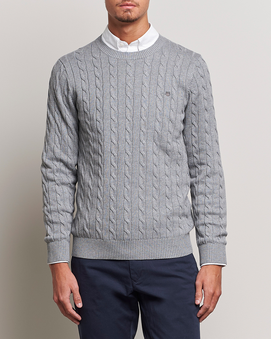 Herre | GANT | GANT | Cotton Cable Crew Neck Pullover Grey Melange