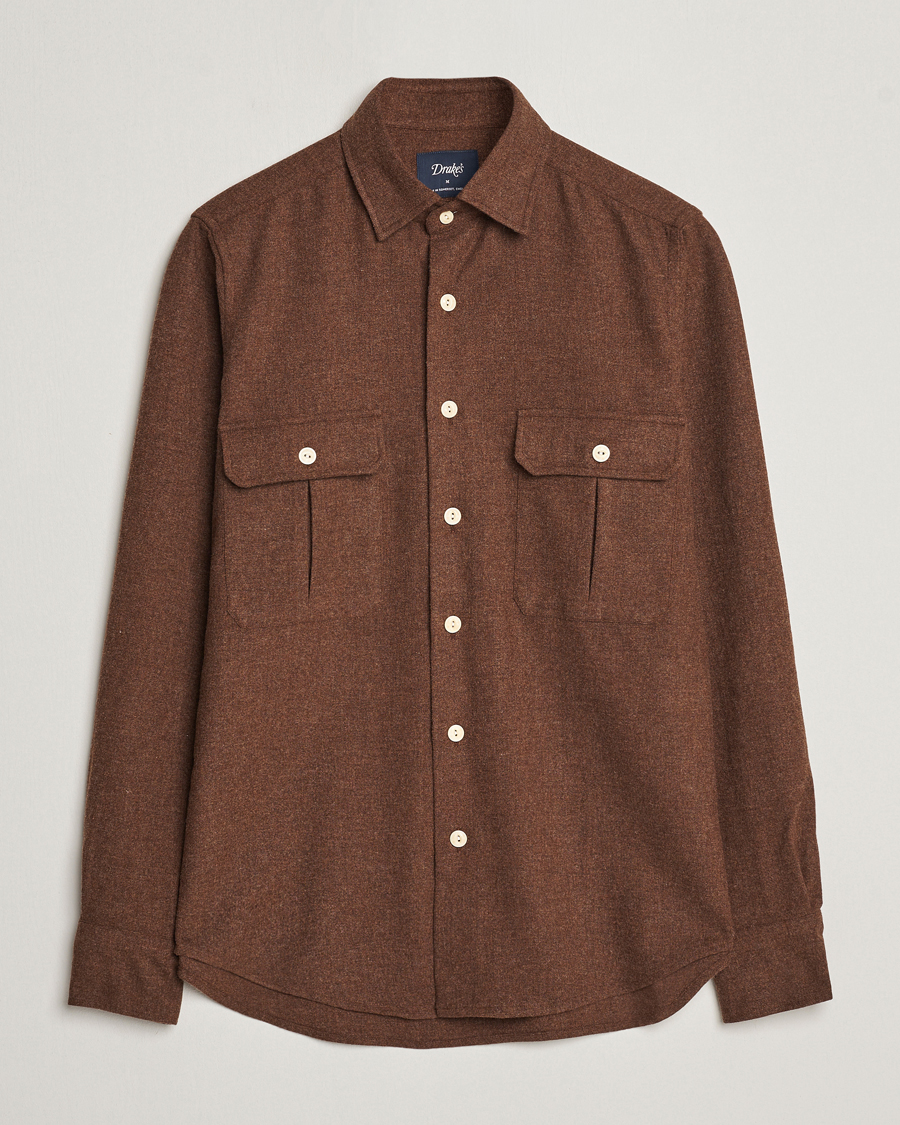 Herre | Skjorter | Drake's | Merino Wool Work Shirt Brown