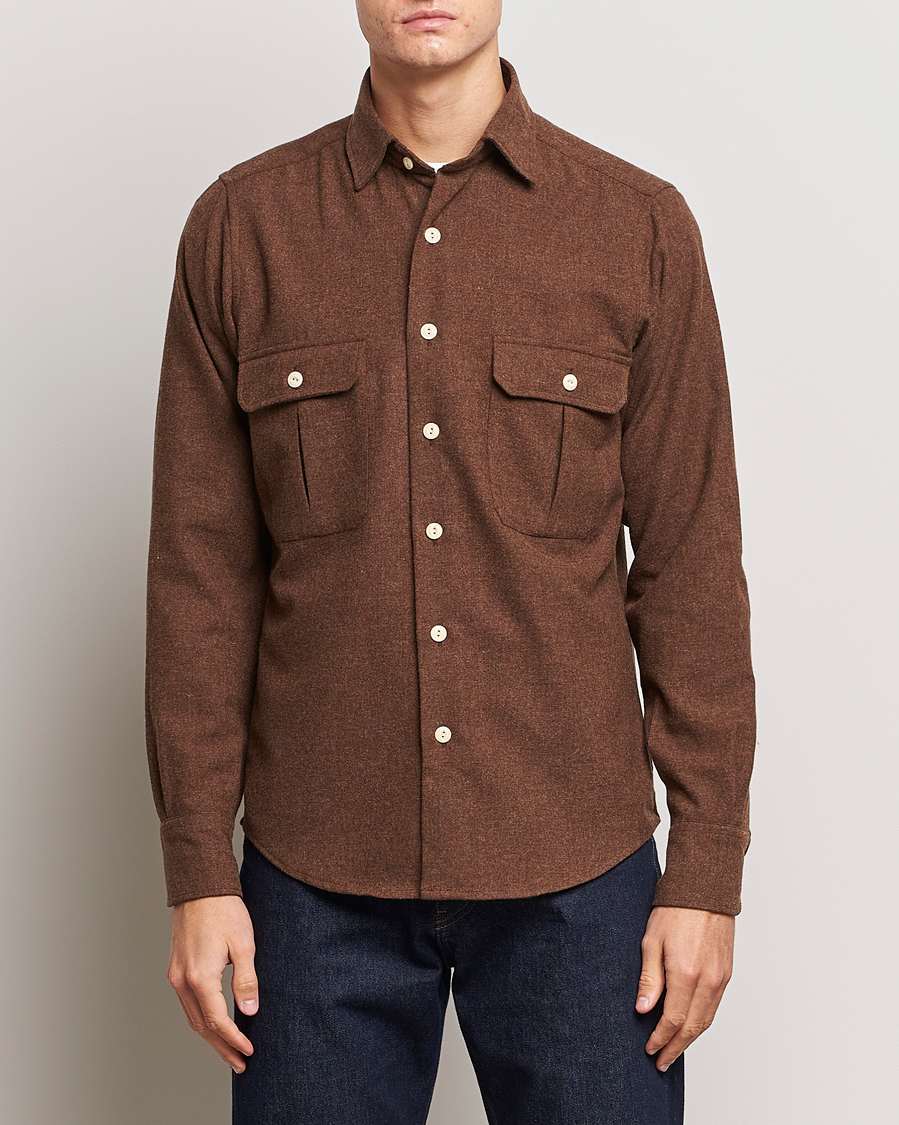 Herre | Skjorter | Drake's | Merino Wool Work Shirt Brown
