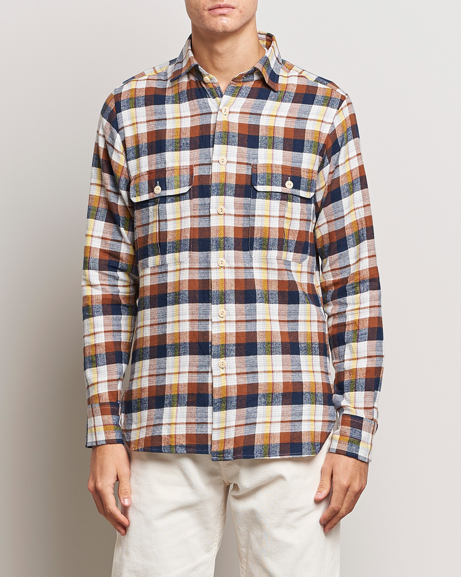 Herre | Skjorter | Drake's | Brushed Madras Checked Work Shirt Brown