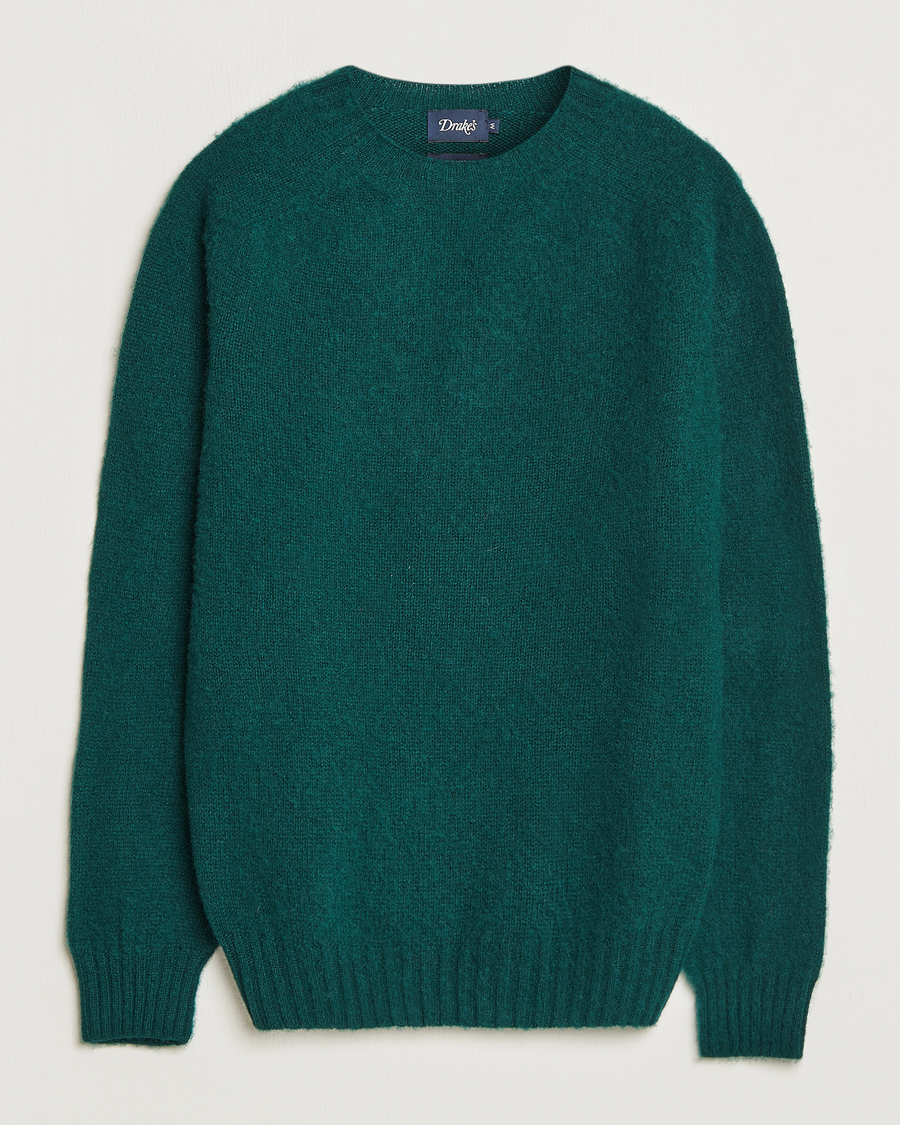 Herre | Gensere | Drake's | Brushed Shetland Crew Emerald Green