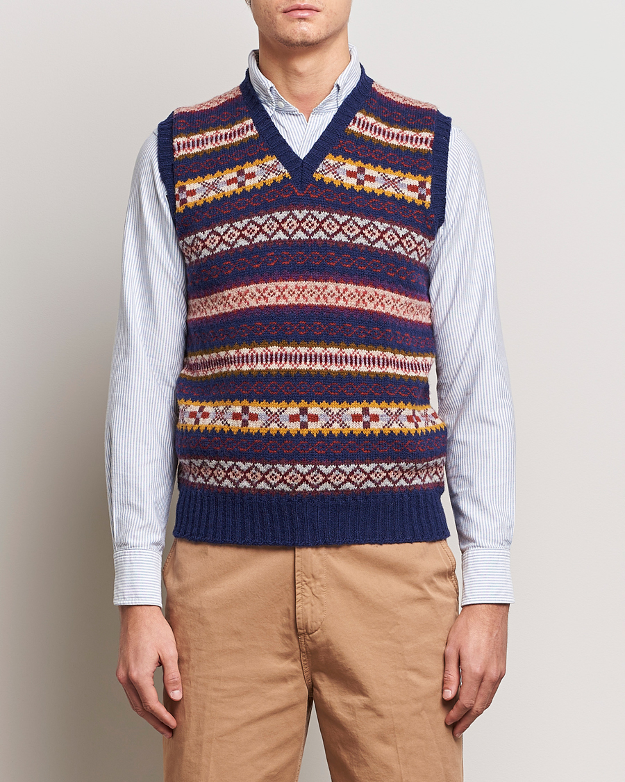 Herre | Gensere | Drake's | Fairisle Print Wool Vest Navy