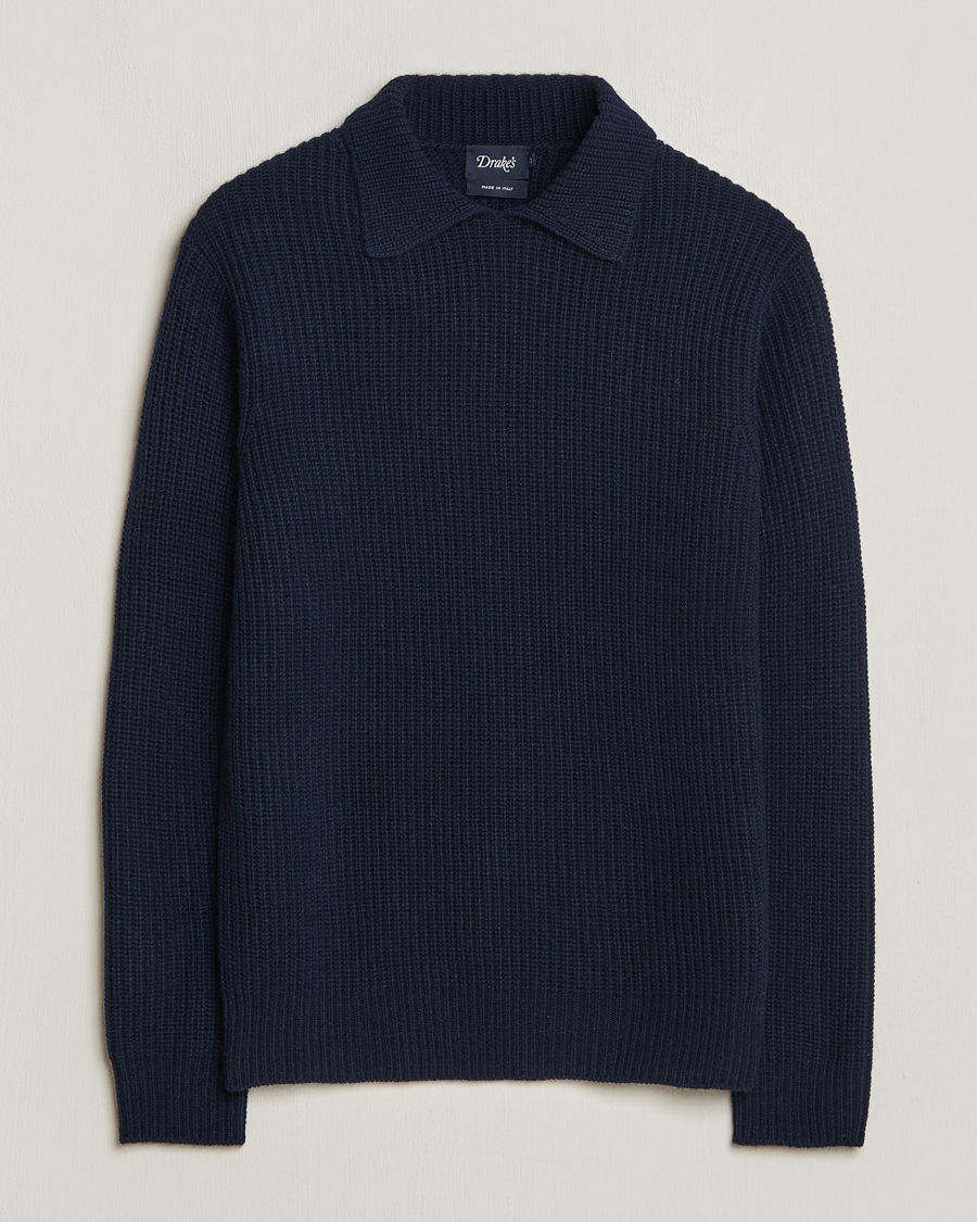 Herre | Gensere | Drake's | Integral Collar Ribbed Jumper Navy
